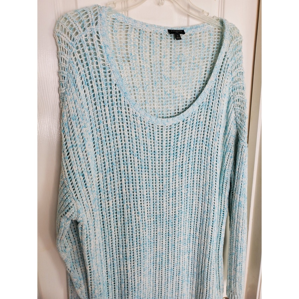 Talbots Plus Sweater Blue White‎ Open Knit Cotton Pullover Beach Coastal Size X